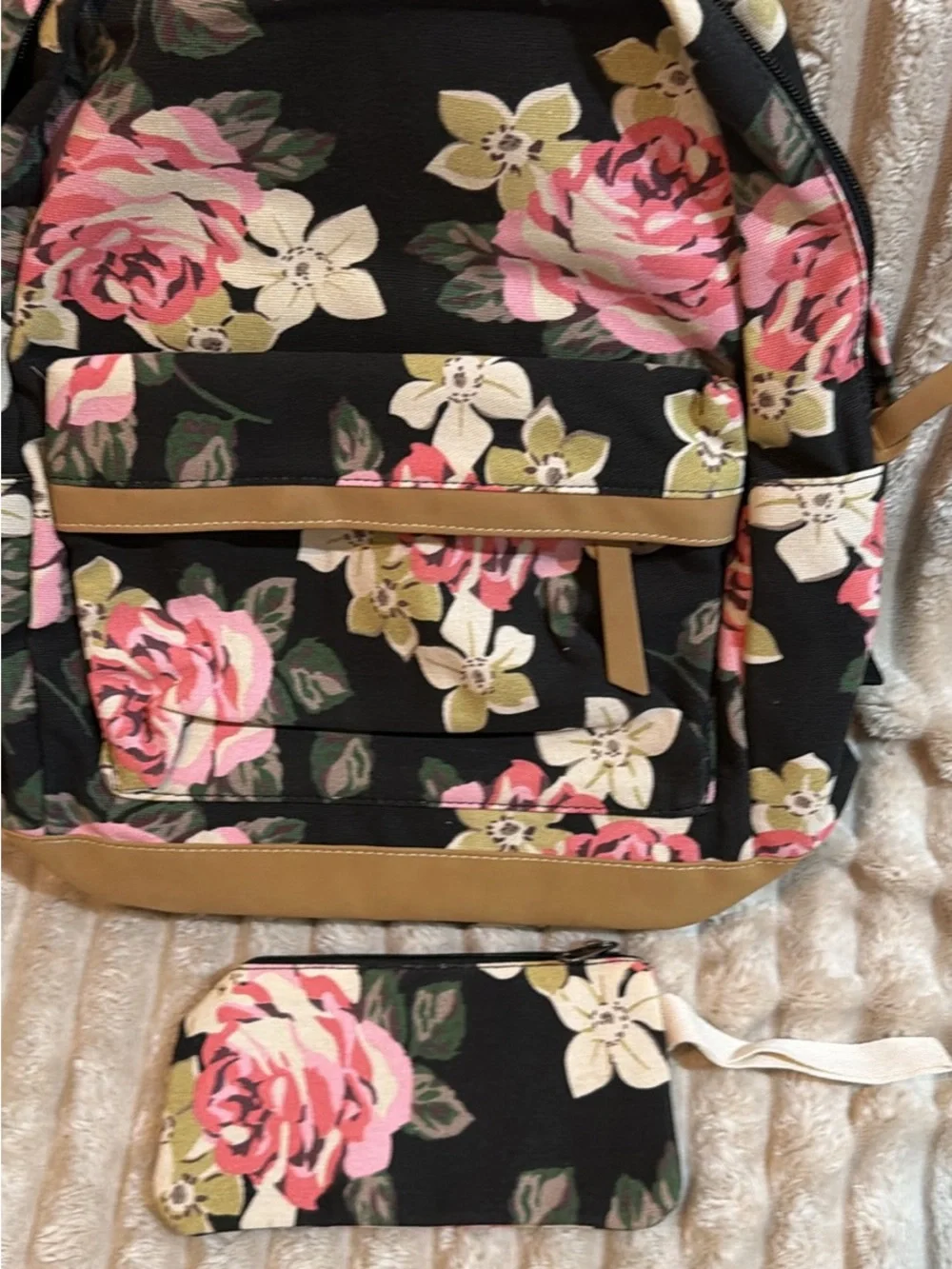 Floral Canvas Backpack with Pink Rose Print